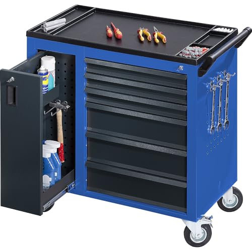 eurokraft | pro | Werkstattwagen Jumbo | mit Vertikalauszug und 6 Schubladen | HxBxT 935 x 900 x 460 mm | enzianblau