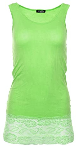 Easy Young Fashion - Damen Trägertop mit Spitzensaum - langes Unterziehshirt Skinny Fit 0518 (Apfelgrün M/L)