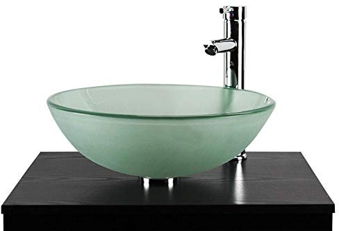 Home Supplies – Modern Tempered Frosted Glass Round Vessel Sink Bowl Bathroom, Cloakroom Countertop Basin Sink with Tap, Pop up Waste, Chrome Bottle Trap