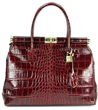 Belli The Bag XL italienische Leder Henkeltasche Handtasche Damen Ledertasche Umhängetasche - 34x25x16 cm (B x H x T) (Bordeaux Lack Kroko)