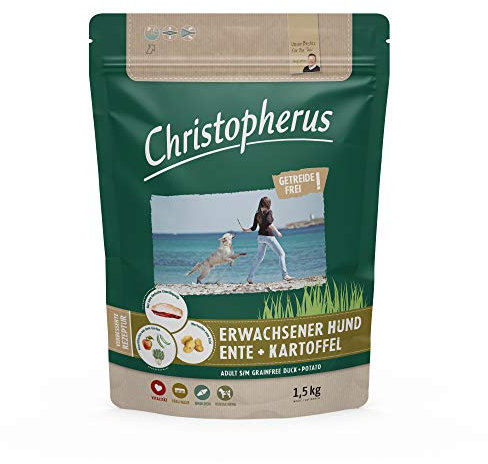 Christopherus Grainfree, Vollnahrung für den ausgewachsenen Hund mit normaler Aktivität, Trockenfutter, Ente + Kartoffel, Krokettengröße ca. 1 cm, Ausgewachsener Hund, 1,5 kg