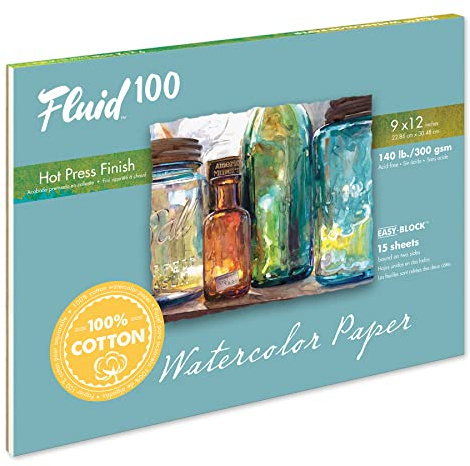 Fluid 100 Watercolor Paper Block, 9 x 12 inches, 15 Sheets, 140 lb (300 GSM) 100% Cotton Hot Press Pad for Artist Painting and Wet Media