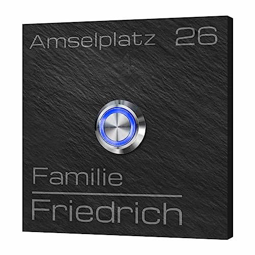 Schiefer Klingel mit Wunschtext und Motiven - Türklingel Modell Friedrich ab 8x8 cm | Optional mit beleuchtetem Klingelknopf und diversem Zubehör