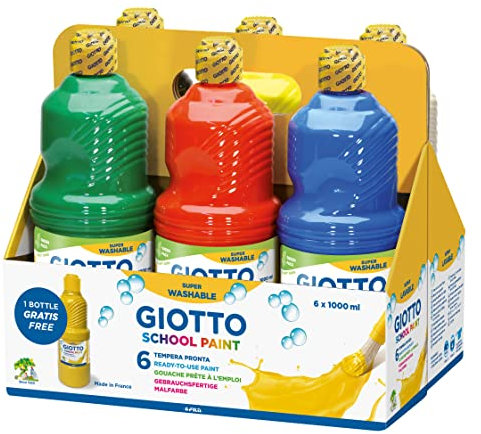 Giotto - 530900 - Assortiment de 6 flacons de 1 Litre de Gouache Lavable prête à l'emploi - pour école