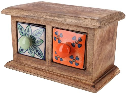 GURU SHOP Apothekerschränkchen mit Bunten Keramik Schubfächern, Gewürzkiste - 2 Fächer Modell 1, Braun, 11x17x10 cm, Dosen, Boxen & Schatullen