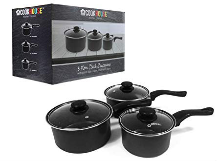 Non Stick Premium Saucepans Set Kitchen Cooking Graphite Saute Pans with Glass Lids Inner Coated 3 Sizes 16cm, 18cm & 20cm for Everyday Cooking Suitable for All hobs
