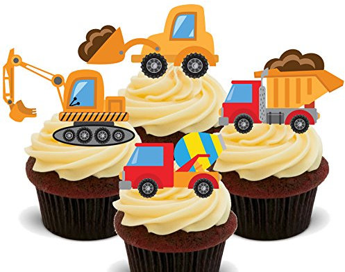 Diggers and Trucks, Kids' Construction Vehicles Mix, Edible Cupcake Toppers - Stand-up Wafer Cake Decorations (Pack of 12)