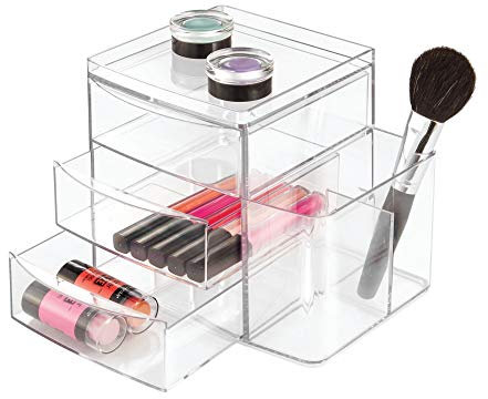 iDesign Clarity Kosmetik-Organizer mit Aufbewahrung von Pinseln, für Lippenstift, Eyeliner, Foundation-3 Schubladen, Durchsichtig, Transparent