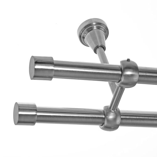 BASIT Gardinenstange Edelstahllook 19mm 2-läufig Decke 240cm lang D28 | Gardinenstangenset doppelläufig Deckenmontage Metall Vorhangstange Deckenhalterung 120-600cm wählbar Kappe E61