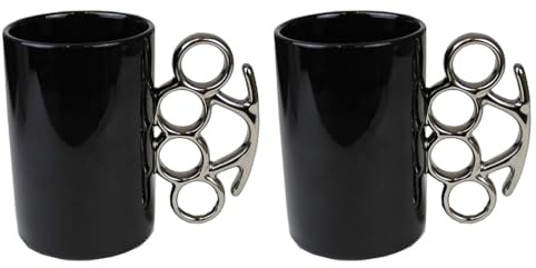 2er Set: Kaffeetasse Schlagring Tasse Design Kaffeebecher Fight Cup Becher schwarz / silber