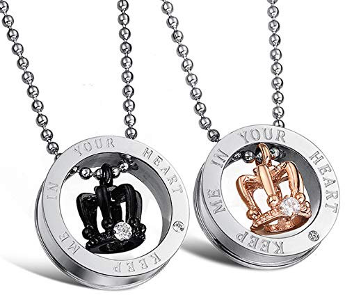 Kim Johanson Pärchen Halsketten für verliebte aus Edelstahl mit Ring & Krone und Gravur inkl. Schmuckbeutel