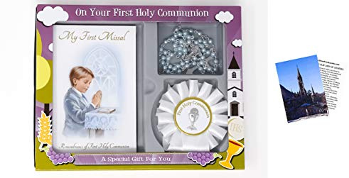 Boys First Holy Communion Book & Rosette Gift Set & LOURDES PRAYER CARD (C5202)