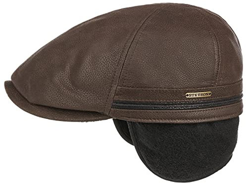 Stetson Redding Earflap Flatcap Ledercap mit Fleecefutter Herren Herbst Winter Dunkelbraun S (54-55 cm)