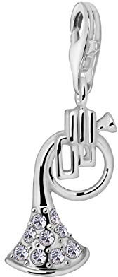 Quiges Charm Anhänger Weiß Zirkonia Musik Instrument Horn 925 Silber mit Karabinerverschluss für Bettelarmband