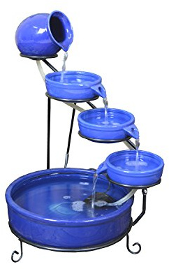 ASC Cascade Ceramic Solar Water Fountain Bowls 5 Tierd with Panel Pump Cascading Garden Decoration Bird Iron Frame (Blue Daytime)
