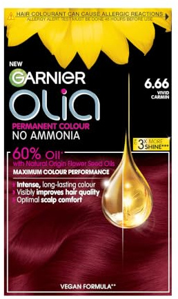 Garnier Olia Luminous Long-Lasting Hair Colour, 6.66 Vivid Garnet Red | 100% Grey Coverage, Oil-Powered Formula, Luminous Long-Lasting Vibrant Colour, No-Ammonia, 3x Shinier Hair