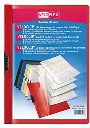 Veloflex 4945021 - Klemm-Mappe DIN A4, Hart-PVC, farbiger Unterdeckel, transparenter Oberdeckel, Metallclip, rot, 1 Stück