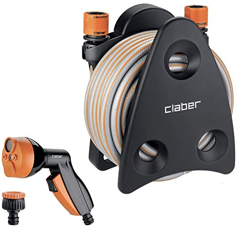 Claber Mini-set Balcony, portatubo accessoriato appendibile con tubo 10m e pistola multifunzione Nero