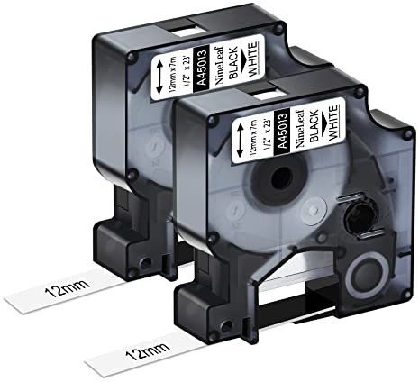 NineLeaf 2 x Kompatibel für Dymo D1 Schriftband 45013 S0720530 A45013 12mm 0.47'' bänder Schwarz auf Weiß Etikettenband für LabelManager 160 210D 220P 120P 200 3M PL100 PL150 PL200 Etikettiergerät