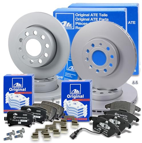 ATE Bremsenset inkl. Bremsscheiben vorne Ø 288 mm belüftet + hinten Ø 256 mm voll und Bremsbeläge vorne + hinten und Warnkontakt Kompatibel mit AUDI A3, SEAT, SKODA OCTAVIA, VW CADDY, GOLF, SCIROCCO