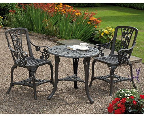 Gablemere 2 Seater Plastic Rose Design Patio Set with Round Bistro Table in Gun Metal Grey Finish
