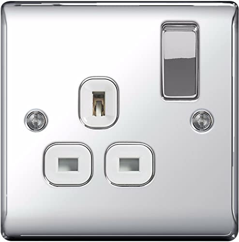 Pack of 5 x BG-Nexus-Metal Single 13A Plug Socket, Polished Chrome Finish,White Inserts