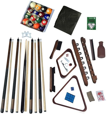 Hathaway Deluxe Pool Table Accessories Kit - Pool Sticks Set of 4, 16 Billiard Balls, Wall-Mounted Cue Rack, 2 Pool Racks, Chalk, & Other Billiards Accessories for Gameplay & Maintenance - Walnut