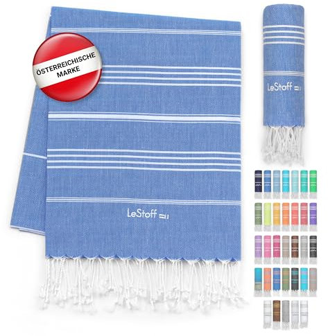 LeStoff Hamamtuch - 100% Bio-Baumwolle, 95 x 180 cm, Vorgewaschen, Saugstark, Schnelltrocknend, Badetuch, Badehandtuch groß, Saunatuch Herren, Saunahandtuch Damen, Sauna, Wellness, Spa (Himmelblau)