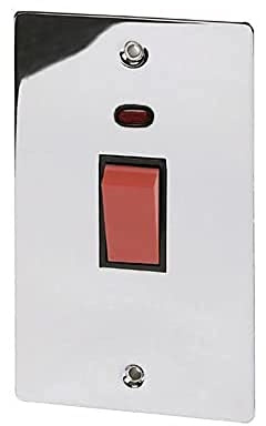 Cooker Switch w/Neon 45 Amp - Tall Plate - Polished Chrome - Flat - Black Insert