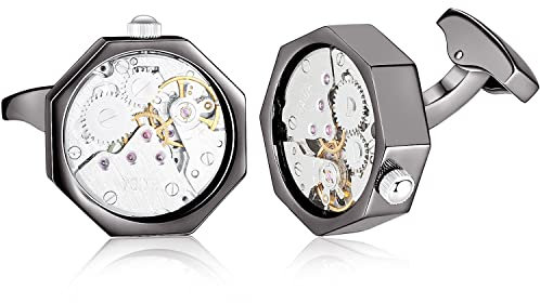 HONEY BEAR 1 Paar Herren Manschettenknöpfe Cufflinks Steampunk Uhrwerk Bewegung beweglich Edelstahl für Geschäftshochzeits geschenk mit Kasten,Rechteck (Schwarz)