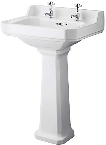 Old London Milano Richmond - Traditional White Ceramic Bathroom Basin Sink with Full Pedestal and Two Tap Holes - 560mm x 450mm
