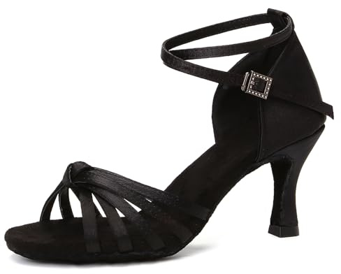 DKZSYIM Women's Satin Latin Dance Shoes Professional Ballroom Salsa Practice Performance Dancing Shoes,217-Black-7,US 7.5