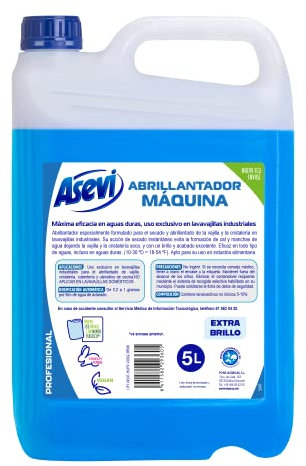 Asevi Abrillantador para Lavavajillas Industriales - Abrillantador Profesional para Máquinas - Extra Brillo y Secado Instantáneo Sin Manchas - Uso en Vajilla y Cristalería de Hostelería - 5 Litros