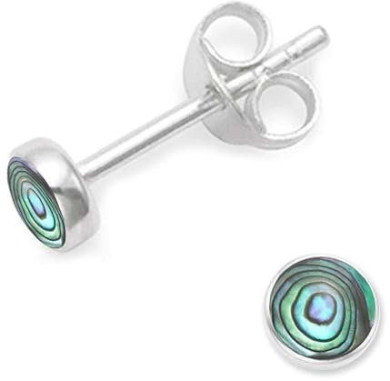 Heather Needham Sterling Silver Paua shell Earrings - TINY 4mm round Paua Shell Stud Earrings - SIZE: VERY SMALL - 4mm. Gift Boxed. SEE PHOTO IN EAR FOR SIZE. 5554PS