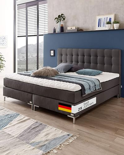 WELCON Luxus Boxspringbett 200x200 H2/H3 (für eine Person H2, für die andere Person H3) inkl. Topper dunkelgrau grau anthrazit - Premiumklasse für 5 Sterne Hotels - günstig direkt vom Hersteller