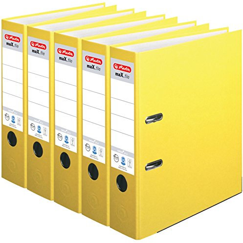 HERLITZ Ordner maX.file nature+ A4 8cm | Kraftpapierbezug selbstklebendes Rückenschild | 5er Sparpack in diversen Farben zur Auswahl (Gelb, breit 8cm | 5er Pack)
