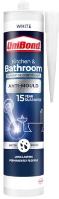 UniBond Anti-Mould White, Waterproof Mould Protection, Long-lasting White Silicone Sealant for Kitchen & Bathroom, Powerful Bath Sealant, 1 x 274g Cartridge