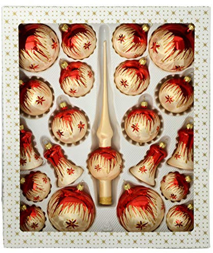 Jingle Bells Lauscha 21teiliges Set mit Spitze Tradition - Mundgeblasene Weihnachtsbaumkugeln - Eischampagner mit rotem Dekor - Klassisch - Glas - Hängend - Weihnachten