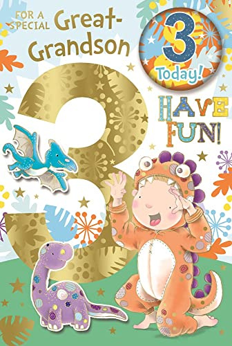 Great Grandson 3rd Birthday Card & Badge - 3 Today Boy as Dinosaur 9x6