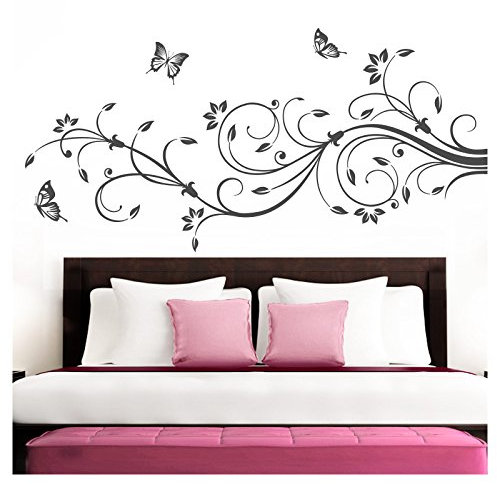 Grandora Wandtattoo XXL Blumenranken Schmetterlinge Blumen I dunkelgrau (BxH) 160 x 69 cm I Schlafzimmer Liebe Flur Wohnzimmer modern Aufkleber Wandaufkleber W1073
