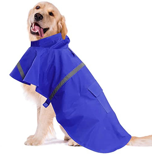 OCSOSO Hundemantel Regendicht Hundejacke mit Kapuze für Große Hunde, Verstellbarer Regen Mantel Hund Wasserdicht Regenjacke, Hunderegenmantel Regenmantel für Hundewelpen/Katzen/Kätzchen (Blau XXL)