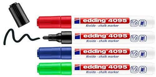 edding 4095 marcador de tiza juego de 4 - surtido - rotuladores de tiza - punta redonda 2-3 mm - rotuladores para cristal borrables - para pizarras, vidrio y espejos - tiza líquida de cobertura opaca