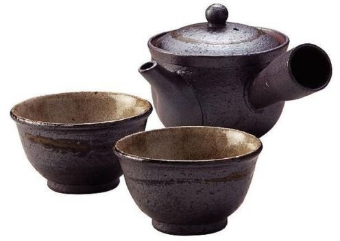 Shigaraki Pottery Sumi-iro Kyusu - Juego de tetera y yunomi