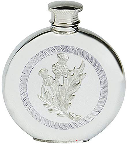 Pewter Hip Flask Thistle Scotland Round 6oz Screw Top Engravable On Back