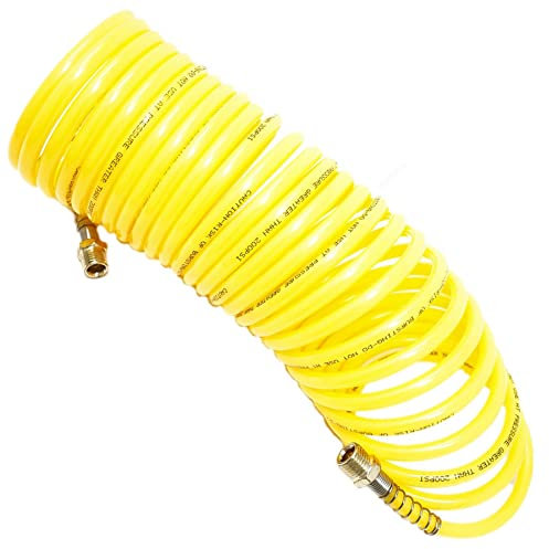 Dapetz ® Air Compressor Hose Polyurethane Recoil 10m Long with Bend Restrictor, 1/4 Female Quick Coupler and Plug Max Capacity 10 bar (145 PSI) Blue
