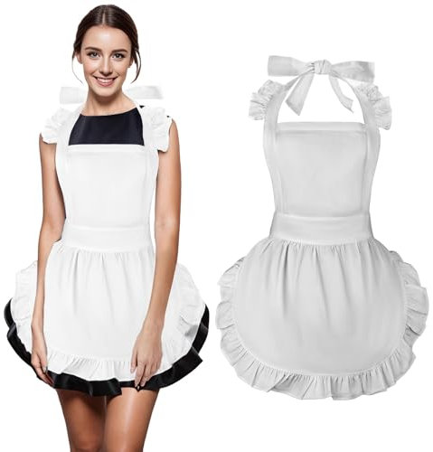 Aspire Grembiule da cucina per donna, Grembiule da cameriera con volant per cosplay di Natale bianco, Grembiule da lavoro per cameriera, Bianco