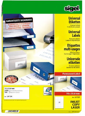 Sigel LA124 Universal-Etiketten, weiß, (Ink/Laser/Copy), 70 x 33,8 mm (auf DIN A4-Bögen), 2400 Etiketten = 100 Blatt