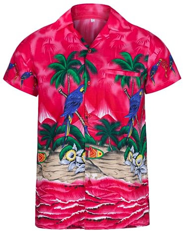 Chemise hawaienne homme à manches courtes avec boutons - Chemise homme tropicales pour hommes avec perroquets et palmiers - Chemise hawaïenne d'été pour hommes pour enterrement de vie de garçon.