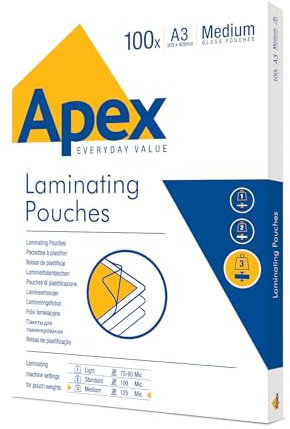 Fellowes Laminierfolien A3 APEX - Glänzendes Endergebnis - Heißlaminierfolien für Anwendungen wie Aushänge, Zertifikate, Speisekarten - 100 Stück