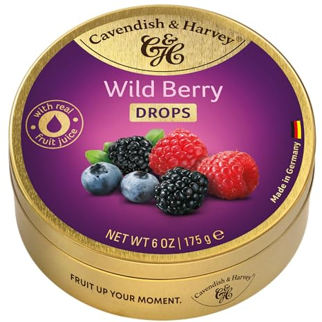Cavendish & Harvey Wild Berry Drops 175g Dose | Himbeere, Heidelbeere, Brombeere | Mit echtem natürlichen Fruchtsaft | Vegan, Halal, Koscher | 1 x 175g